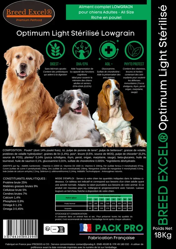 Aliment Breed Excel® – Optimum Adult Light Stérilisé 18kg Pack Pro Gamme Professionnelle
