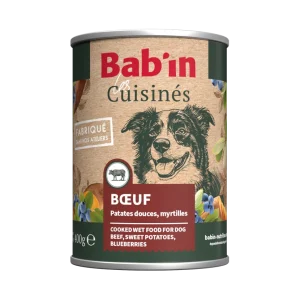 Bab'in - Pâtée Les Cuisinés Bœuf Patate Douce Myrtille pour Chiens Adultes - 400g