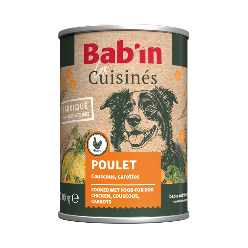 Bab'in - Pâtée Les Cuisinés Poulet Couscous Carotte pour Chiens Adultes - 400g