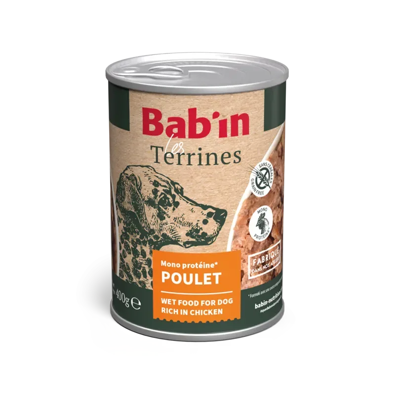 Bab’in Terrine pour chien – Poulet – Haute digestibilité – Garantie sans céréales ni gluten – Mono-protéine animale Poulet