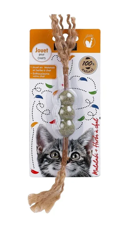 Bâton 3 boules à plumes en matabi et herbe à chat – Wouapy J’ai plus de croquettes