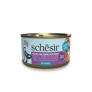 Boite « Grain Free » Fillets de Maquereau et Sardines aux calamars en sauce (70 g) – Schesir J’ai plus de croquettes