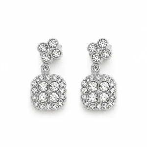 Boucles d’Oreilles Pendantes Fleur Strass Carrée Argentée