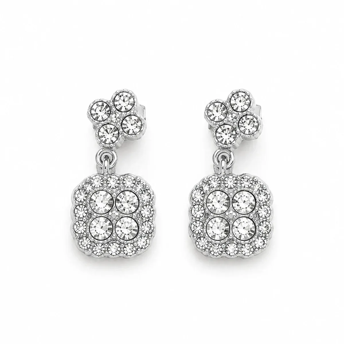 Boucles d’Oreilles Pendantes Fleur Strass Carrée Argentée