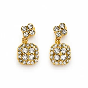 Boucles d’Oreilles Pendantes Fleur Strass Carrée Dorée