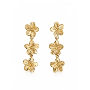 Boucles d’oreilles pendantes triple fleur texturée dorées — grandes