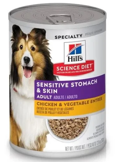 CAISSE 12 UNITÉS, Nourriture en conserve pour chien Science Diet, estomac et peau sensible, poulet et légumes