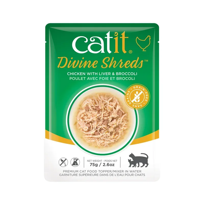 Catit Divine Shreds – Chat Poulet avec Foie et Brocoli en Bouillon – Nourriture Humide Sans Grains pour Chats en Sachet
