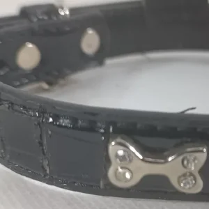 Collier chien simili noir et os boucle fr