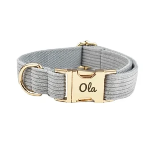Collier et laisse chien à personnaliser en velours côtelé gris
