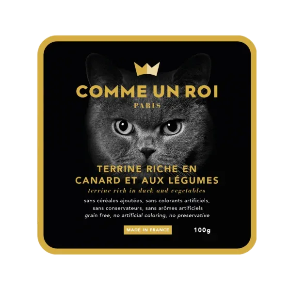 Comme Un Roi – Terrine Sans Céréales Ajoutées riche en Canard et aux Légumes Chat 100 gr