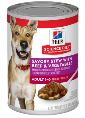 Concerve pour chien adultes 1-6 humide, ragoût de boeuf et légumes, Science Diet 12.8oz (363g)