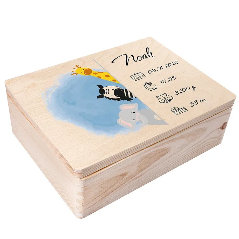Creative Deco Boîte en Bois Personnalisée pour Naissance – Motif Animaux – 40 x 30 x 14 cm – Cadeau Souvenir Bébé Personnalisable