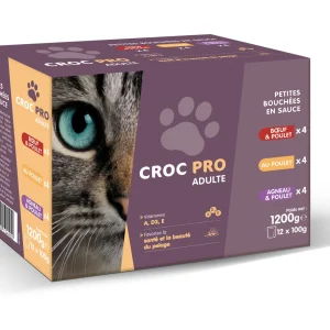 Croc Pro - Bouchées en Sauce Boeuf et Poulet pour Chats Adultes - 12x100g