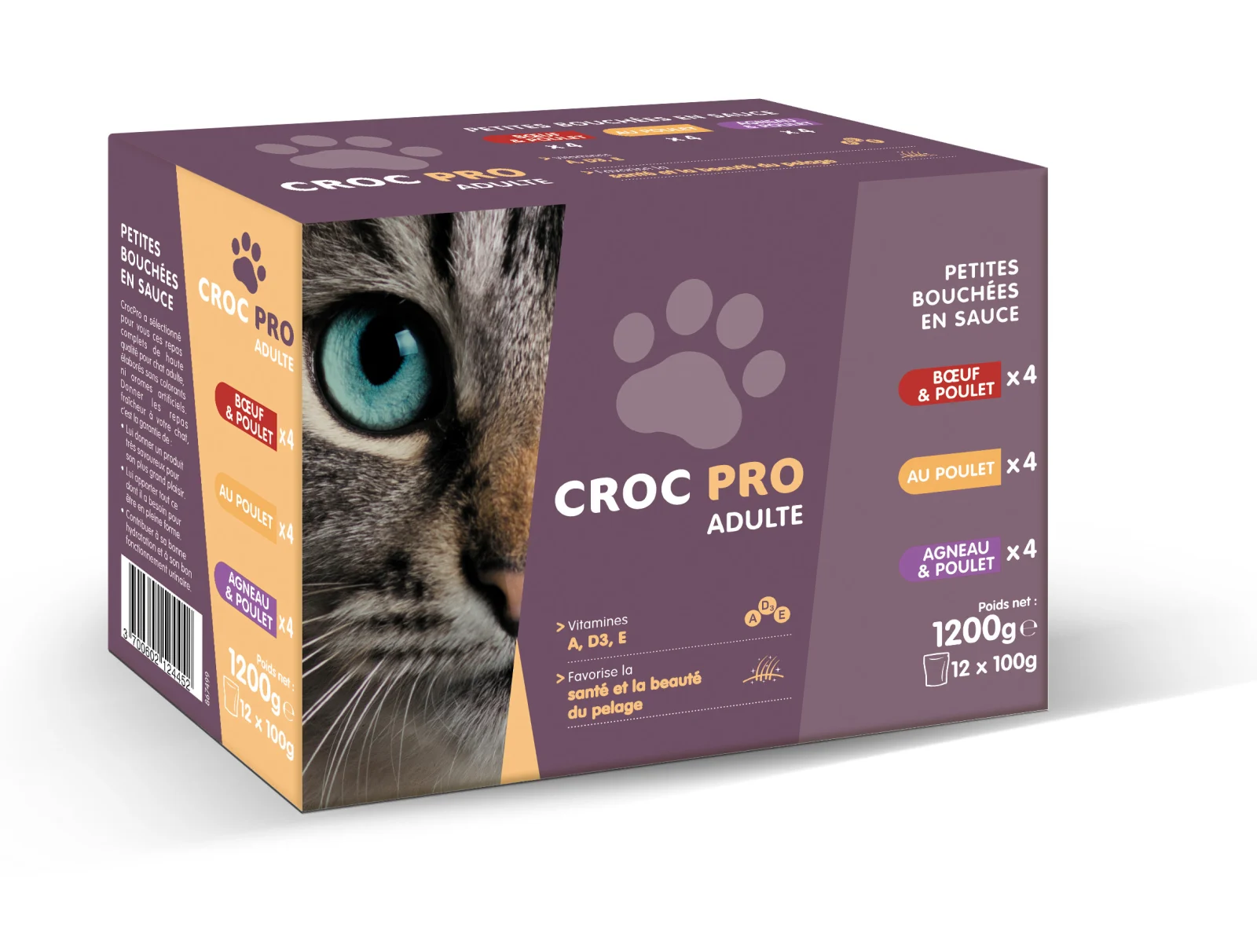 Croc Pro - Bouchées en Sauce Boeuf et Poulet pour Chats Adultes - 12x100g