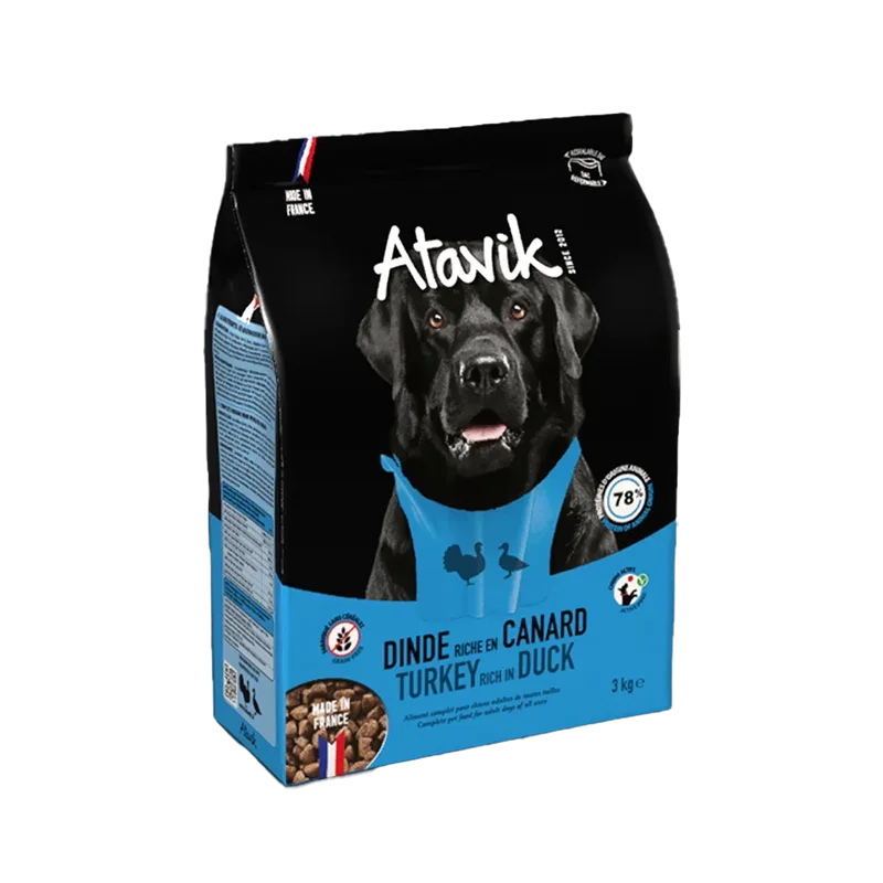 Croquettes chien sans céréales – Dinde Canard – Croquettes françaises Atavik