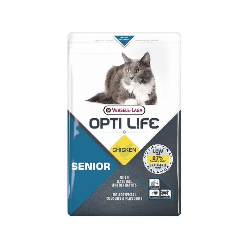 Croquettes Opti Life Chat Senior poulet : 2.5 kg – Croquettes sans céréales pour chats : la sélection Natur’Animo – Notre passion, vos animaux !