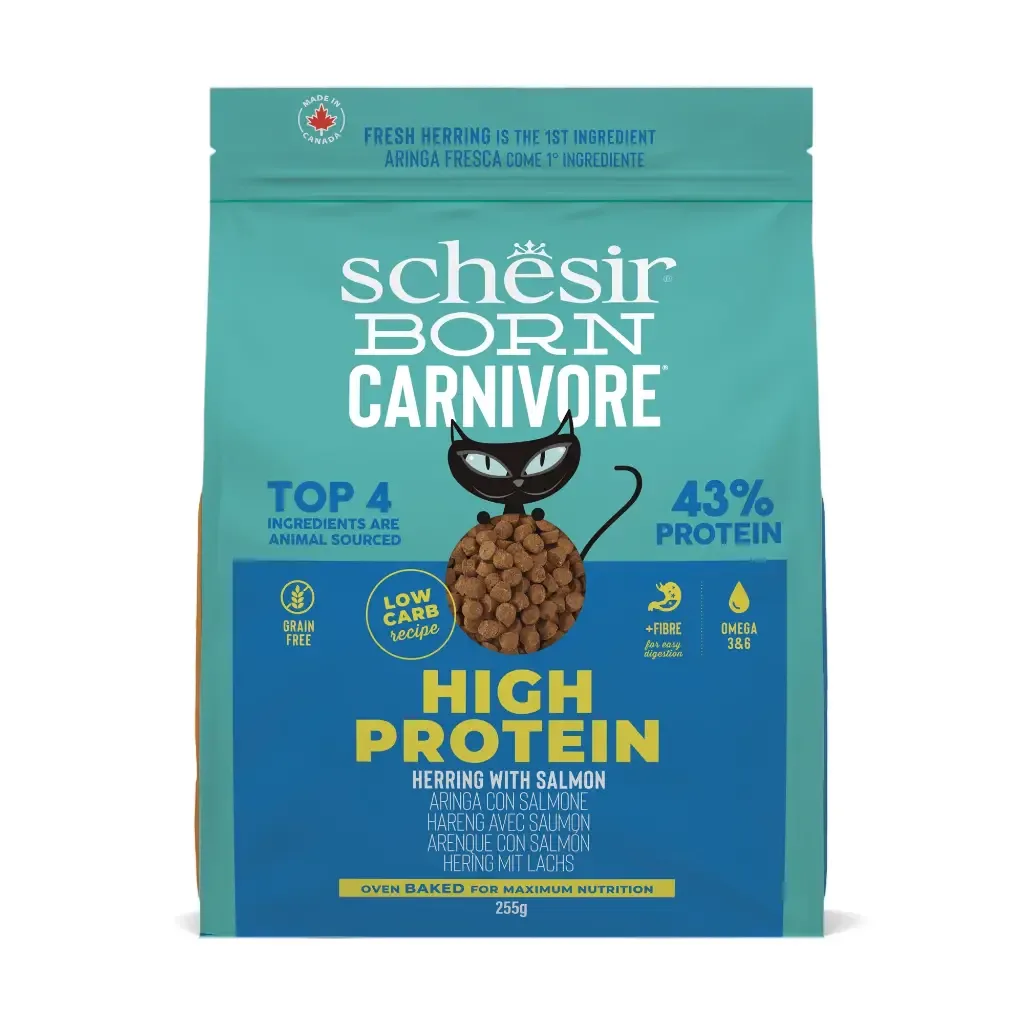 Croquettes pour chat Born Cornivore Hareng et Saumon (255 g) – Schesir J’ai plus de croquettes