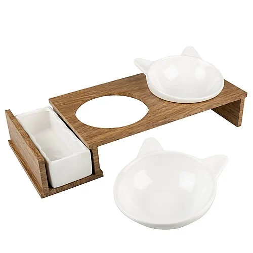 Duvoplus - Ecuelle Double Dinner Blanc et Bois pour Chat - 41,5cm - Image 2