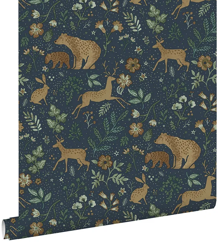 ESTAhome papier peint forêt avec des animaux de la forêt bleu foncé et beige – 53 cm x 10.05 m – 139588
