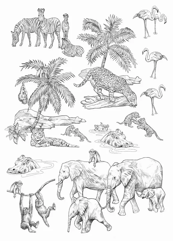 ESTAhome sticker mural animaux de la jungle noir et blanc – 47,5 cm x 66 cm – 156106