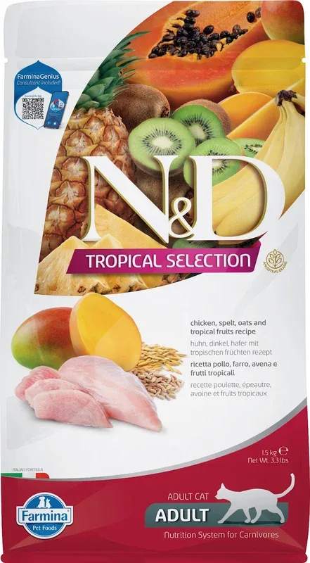 Famina N&D Tropical Selection – Chat Poulet et Fruits Tropicaux – Nourriture Sèche pour Chats