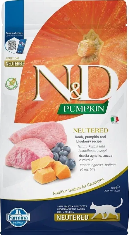 Farmina N&D Pumpkin Feline Adult Neutered Lamb, Pumpkin & Blueberry Recipe 1,5 kg au meilleur prix sur fr