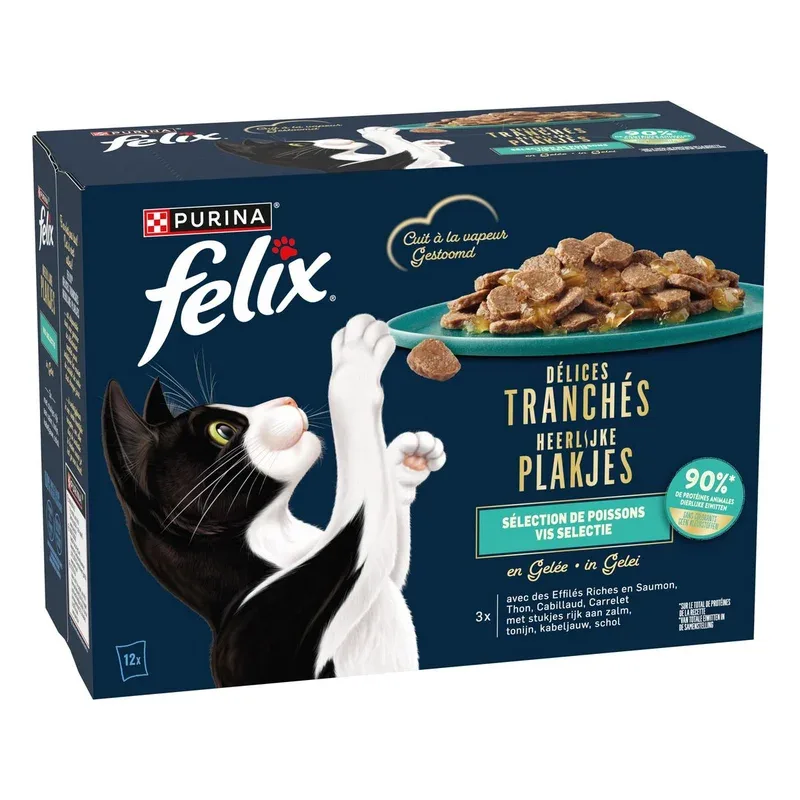 FELIX Sachets repas Délices Tranchés saveur poissons en gelés pour chat 12 sachets 12x80g pas cher