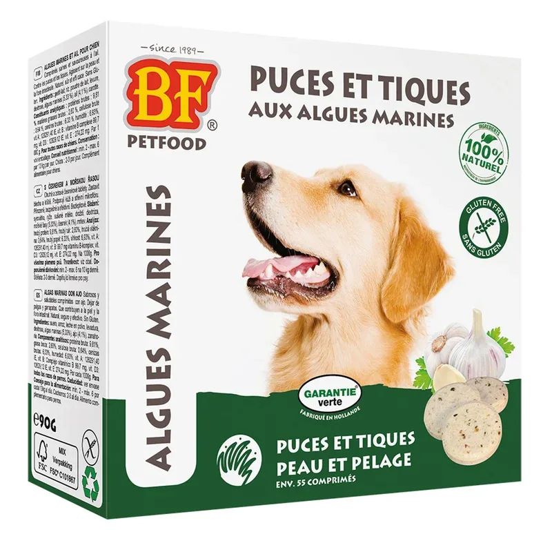 Friandises "puces et tiques" aux algues marines Biofood – 55 comprimés – Friandises BIO et Naturelles – Notre passion, vos animaux !