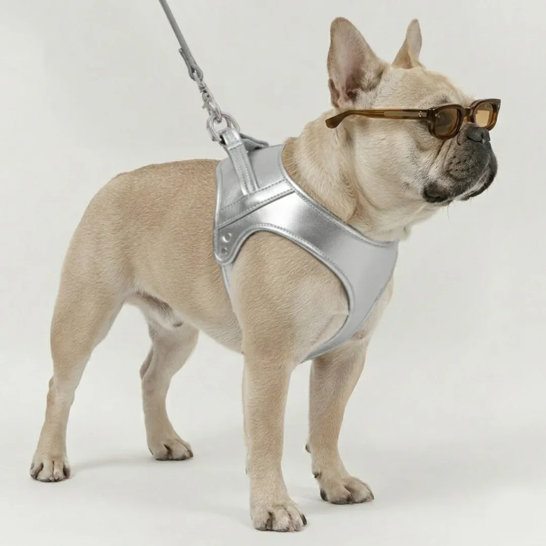 HARNAIS CHURCHILL. Argenté – Harnais chien cuir vegan rembourré
