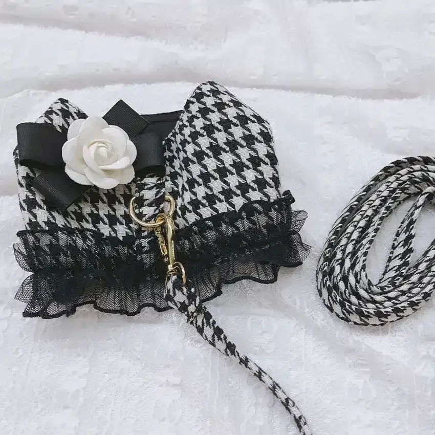 Harnais noir et blanc avec fleur pour chien