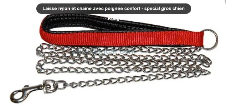 Laisse nylon et chaine avec poignée confort – special gros chien – Rouge fr