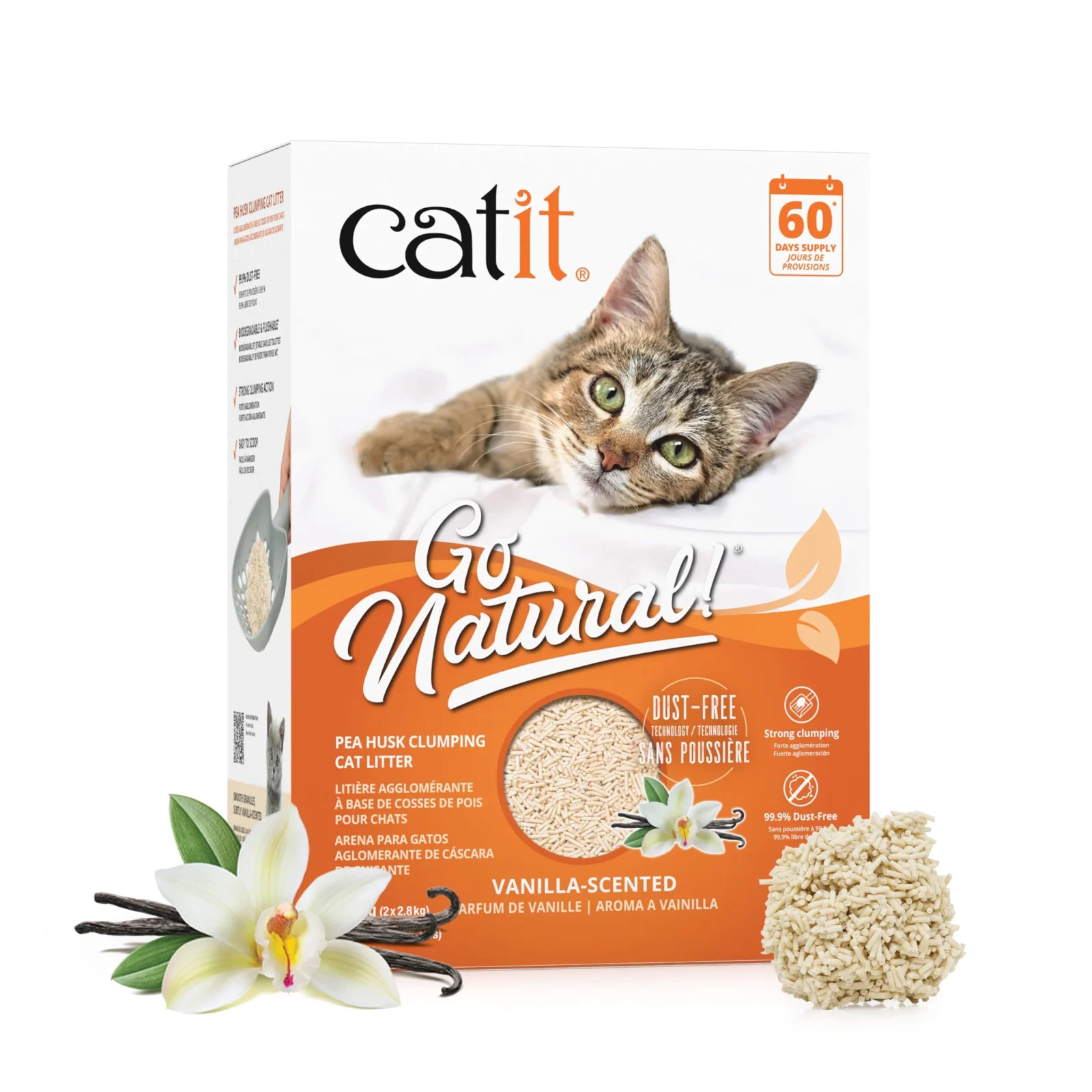 Litière agglomérante Catit à base de cosses de pois, odeur vanille
