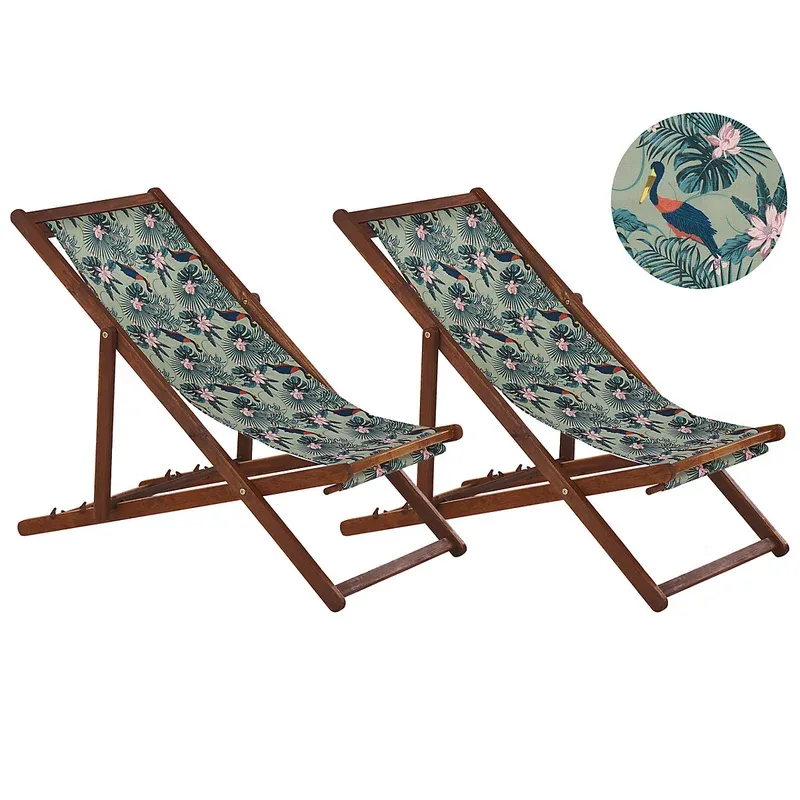 Lot de 2 chiliennes pliantes ANZIO avec tissus de remplacement Motif animal Acacia Marron foncé