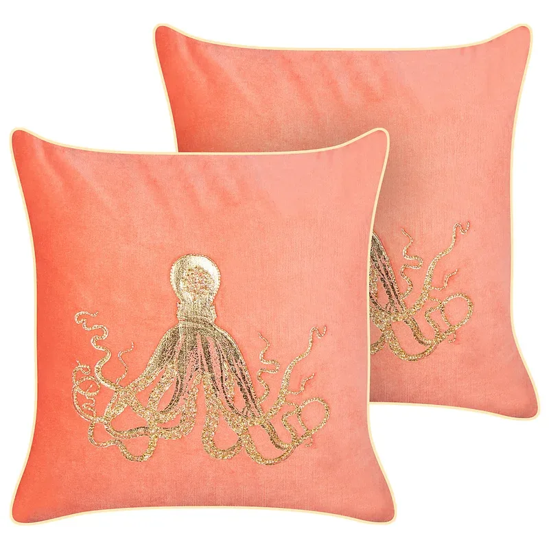 Lot de 2 coussins décoratifs LAMINARIA Velours 45 x 45 cm Corail Motif animal