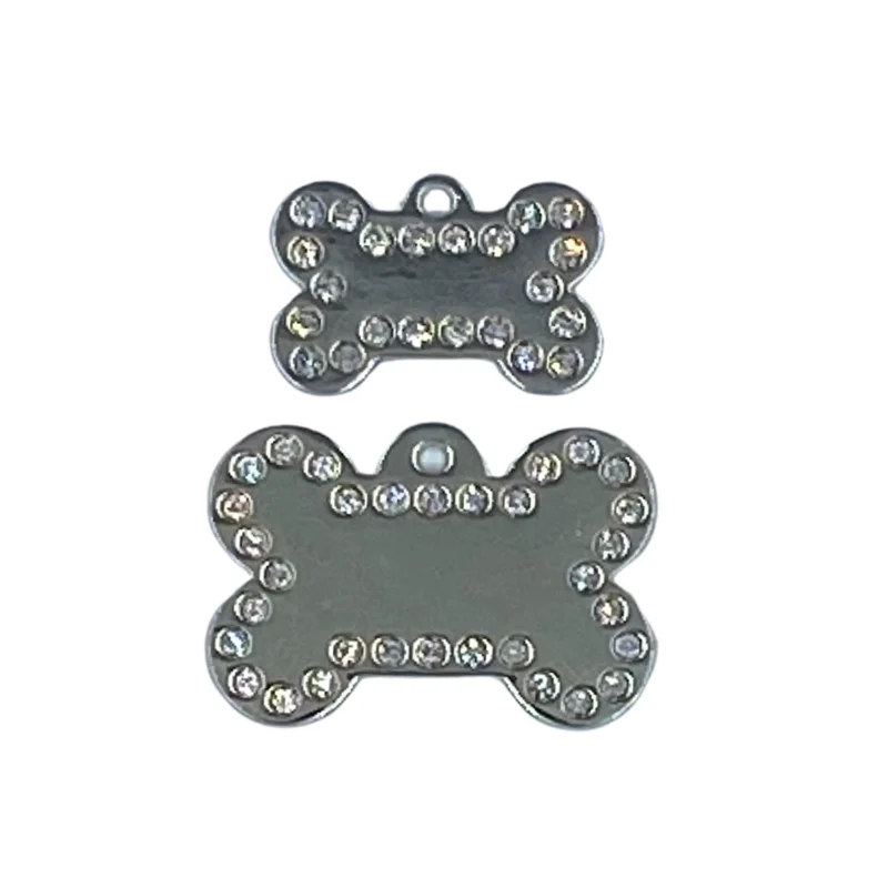 Médaille pour chien, forme d’os argenté avec bijou