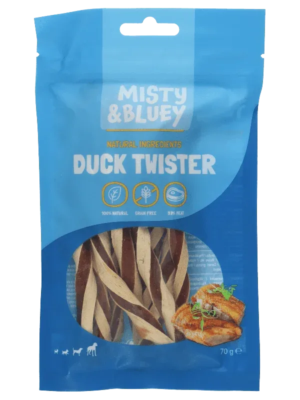 Misty & Bluey friandises chien torsades canard 70 grammes France – Vous faites ça bien.