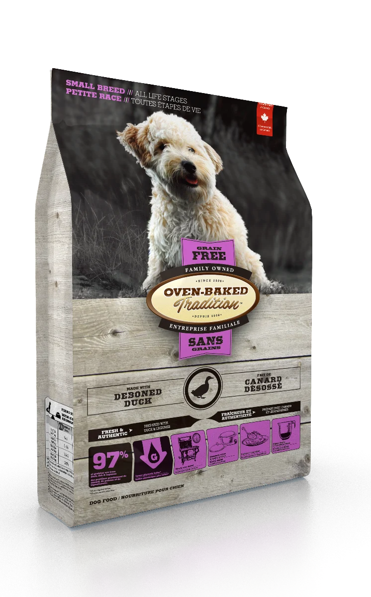 Nourriture chien, toutes étapes de vie, petite race, canard, SANS GRAIN, Oven-Baked 5lb (2.27kg)
