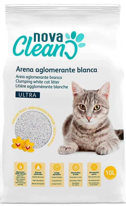 Nova Clean - Litière Agglomérante Blanche Parfum Talc Ultra Absorbante pour Chats - 10L