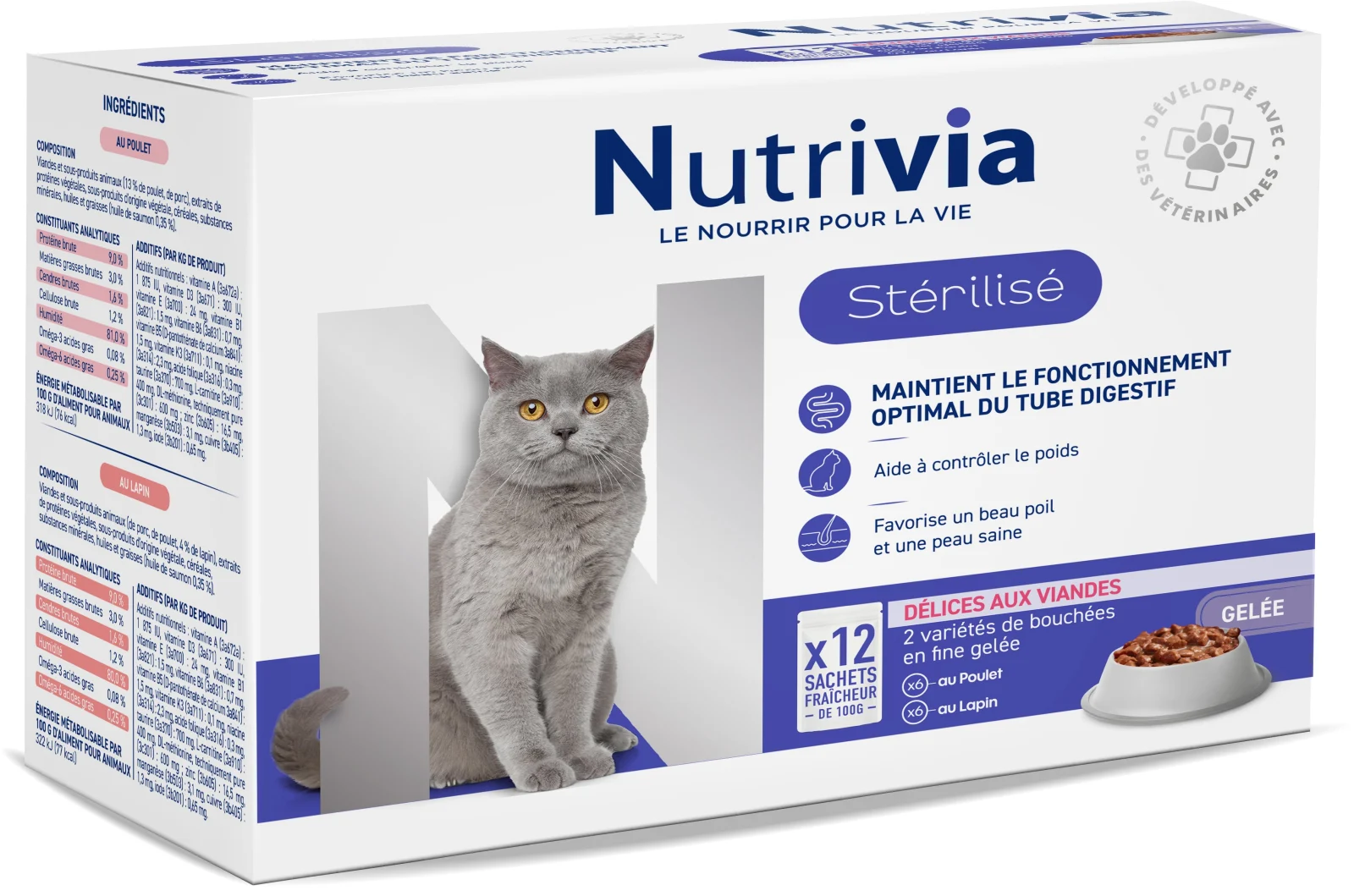 Nutrivia - Sachets en Gelée à la Viande pour Chats Adultes Stérilisés - 12x100g