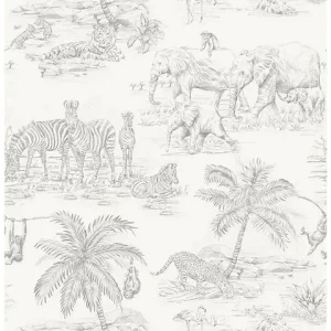 Origin Wallcoverings papier peint animaux de la jungle blanc brillant et gris argent – 53 cm x 10.05 m – 347692