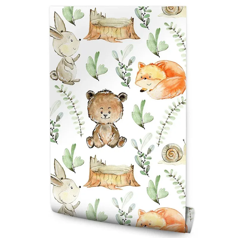 Papier Peint Intissé ANIMAUX Plantes Aquarelle Pour Chambre D’Enfant