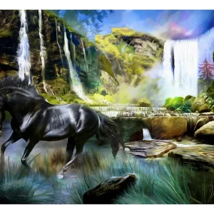 Papier peint intissé panoramique animaux étalon noir et cascade 350×270 cm