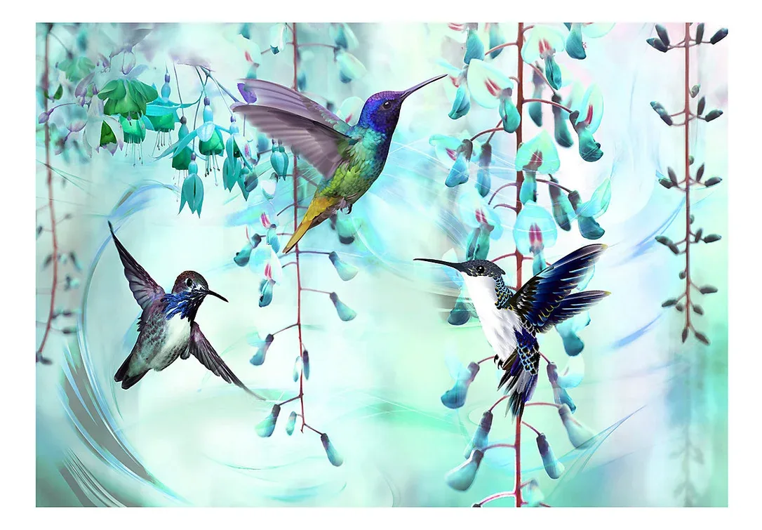 Papier peint intissé panoramique animaux flying hummingbirds (green) 300×210 cm