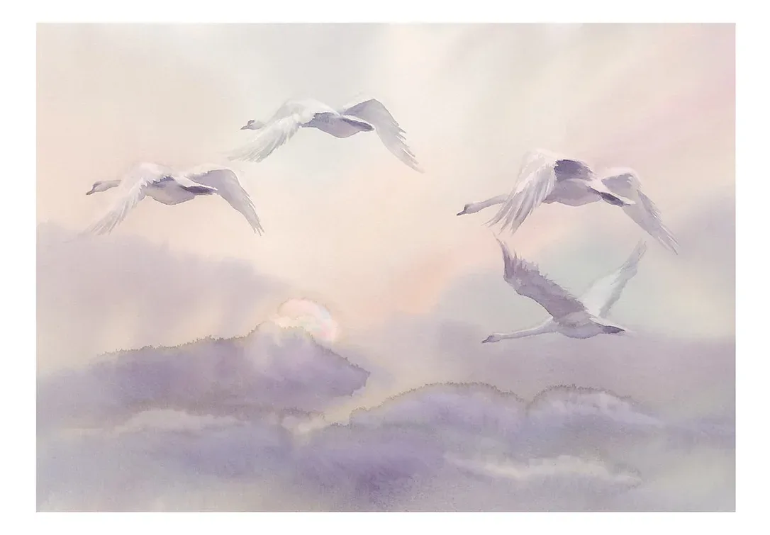 Papier peint intissé panoramique animaux flying swans 300×210 cm