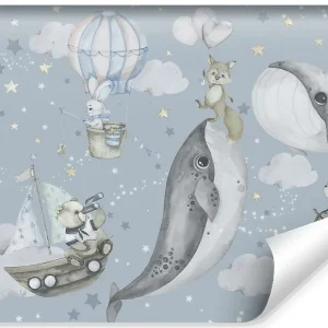 Papier Peint Intisse Photo ANIMAUX Nuages Etoiles Lune Pour Chambre Enfants 135cm x 90cm