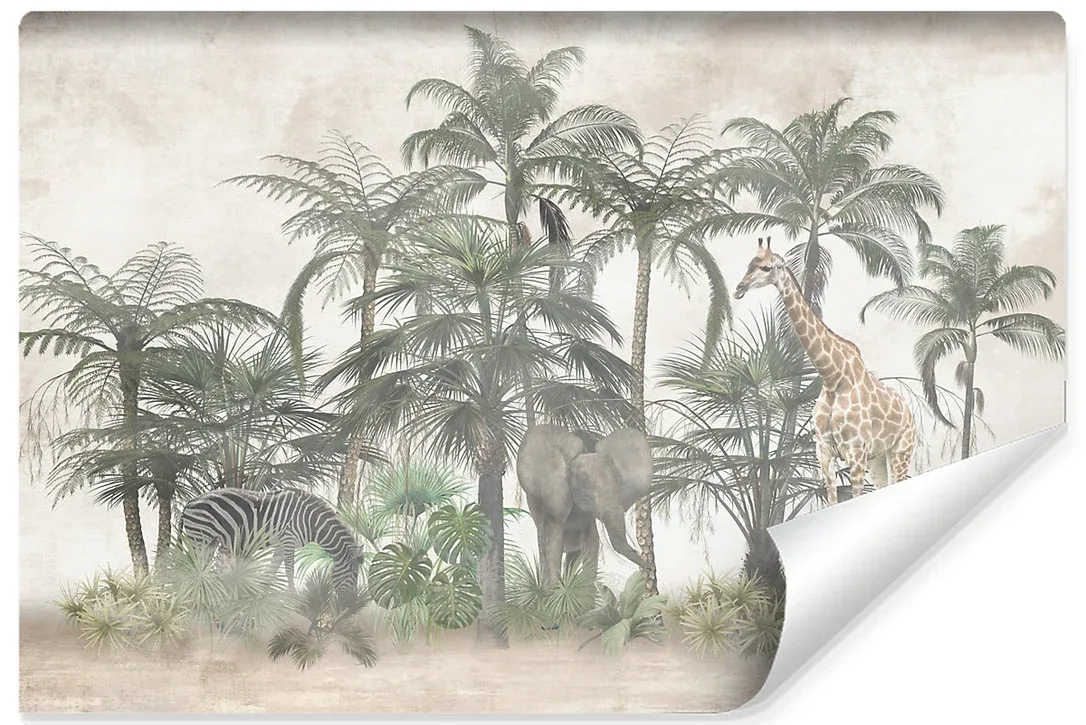 Papier Peint Intissé Photo Pour Chambre Enfants PALMIERS Animaux Béton 405cm x 270cm