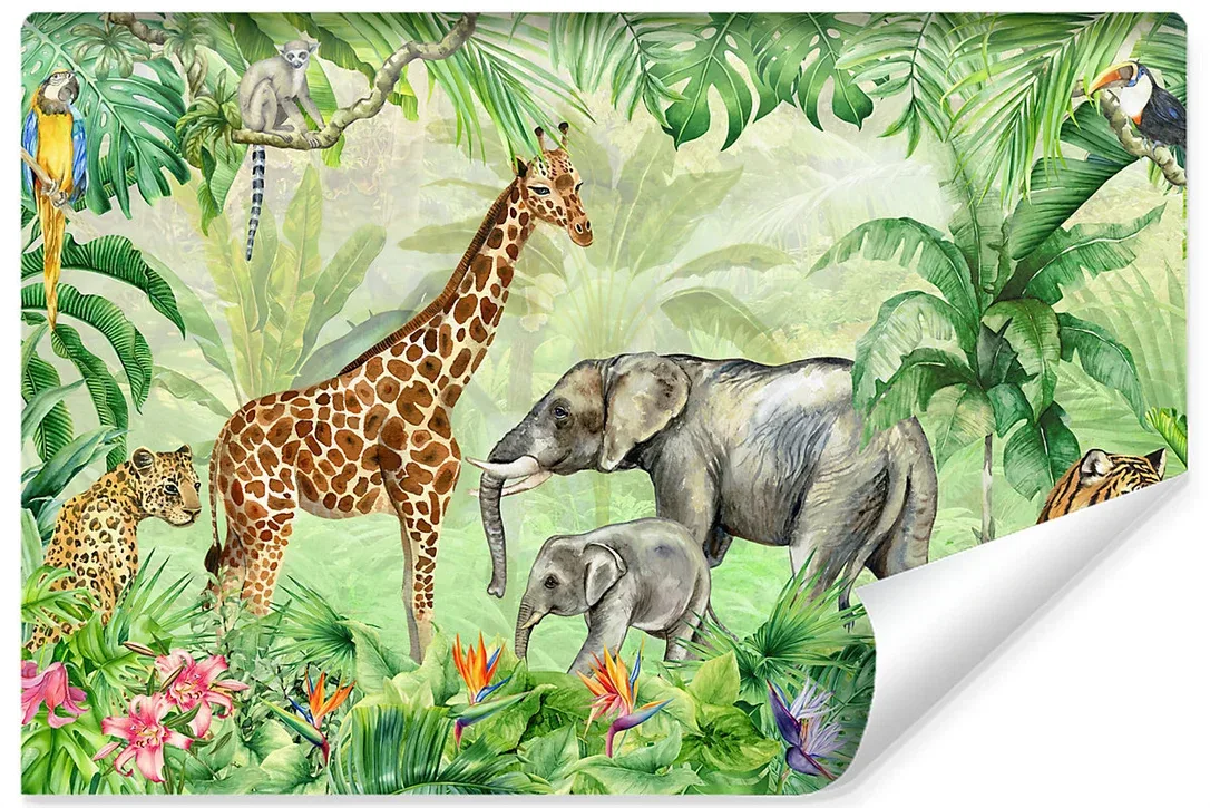 Papier Peint Photo Pour Chambre D’Enfant ANIMAUX Plantes Tropicales 90cm x 60cm