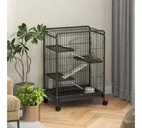 PawHut Cage pour Petits Animaux Roulante 3 Rampes 3 Plates-formes Plat et Bouteille d’Eau Bac Inférieur Amovible Acier PP Noire – Comparez les prix et achetez sur