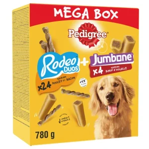 PEDIGREE Mega box rodeo duos friandises poulet bacon et jumbone boeuf volaille pour chien 28 bâtonnets 780g pas cher